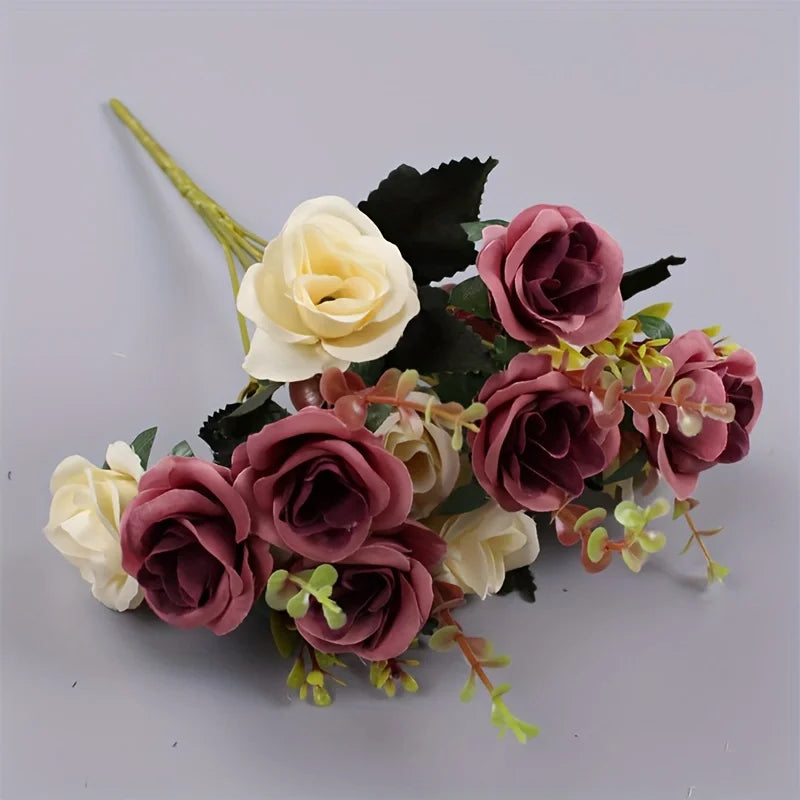 12 Heads Rose Artificial Flowers Fake Two Color Flowers with Stems Faux Roses Flower Bouquets Home Wedding Christmas Party Decor