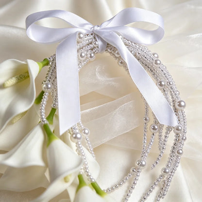 Minimalist White Calla Lily Bridal Bouquet Artificial Pearl Chain Tassel Hand Flower for Wedding Ceremony Home Decor Gift Giving