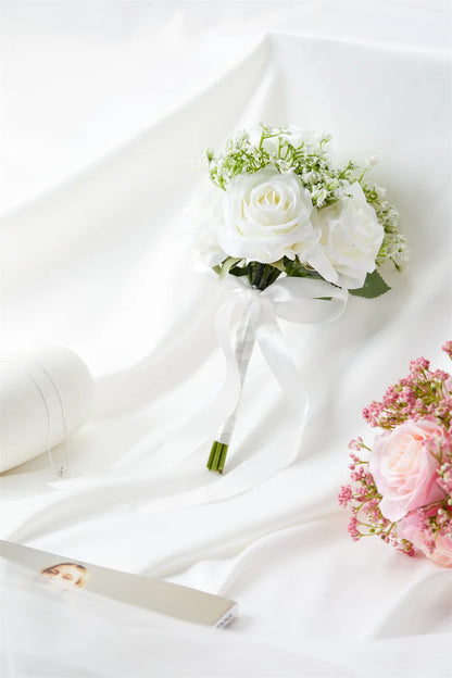 Bridal Bridesmaids Bouquets with Bowknot Ivory Roses Silk Flowers Bouquet for Valentine's Day Marriage Wedding Bride Photography
