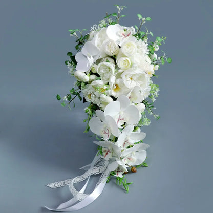 Simple White Moth Orchid Wedding Bouquets for Wedding Ceremony Silk Rose Water Drop Waterfall Buquê De Noiva Para Casamento