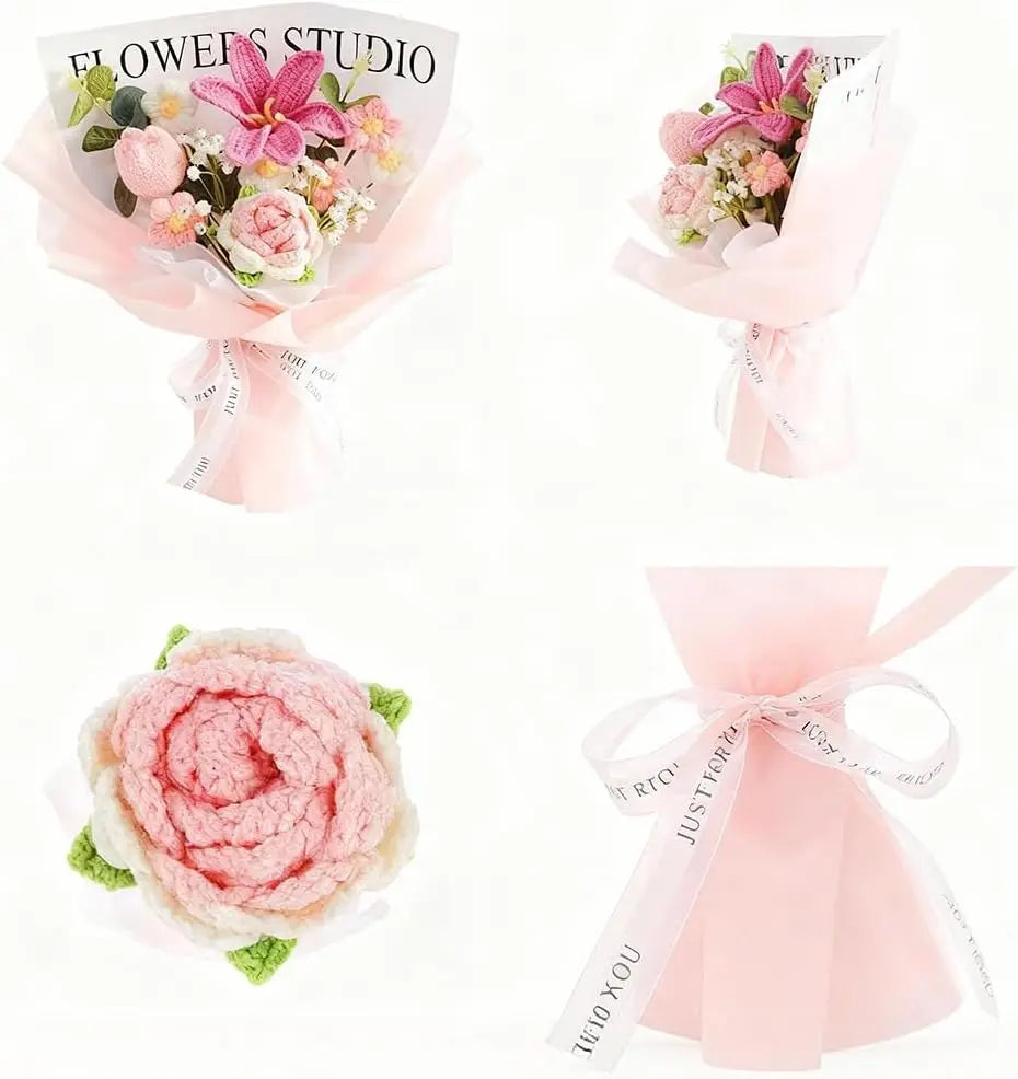 Valentine’s Day Crochet Rose Bouquet Finished Knitted Flowers Realistic Artificial Roses Birthday Gift for Mom Loved Ones