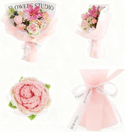 Valentine’s Day Crochet Rose Bouquet Finished Knitted Flowers Realistic Artificial Roses Birthday Gift for Mom Loved Ones