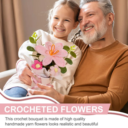 1PC Handmade Crochet Flower Bouquets, Crochet Knitted Fabric Pink Tulip Bouquet for Home Decor & Gift for Woman Wife Mom