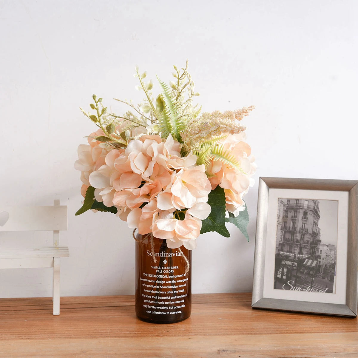 Artificial Champagne Pink Hydrangea Bouquet, Fake Silk Flower with Greenery, Home Wedding Table Centerpiece, Bridesmaid Bouquet