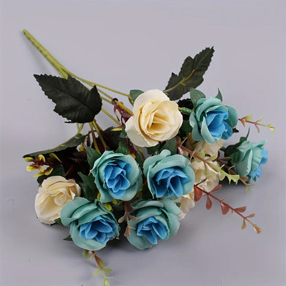 12 Heads Rose Artificial Flowers Fake Two Color Flowers with Stems Faux Roses Flower Bouquets Home Wedding Christmas Party Decor
