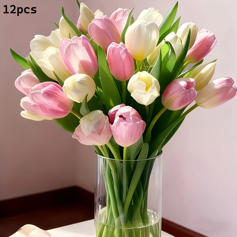 A Set of 12 Realistic Cream and Pink Artificial Tulips Elegant Floral Arrangement with Stems for Home Office Wedding