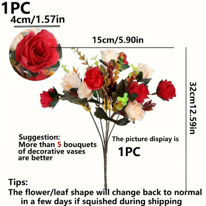 12 Heads Rose Artificial Flowers Fake Two Color Flowers with Stems Faux Roses Flower Bouquets Home Wedding Christmas Party Decor