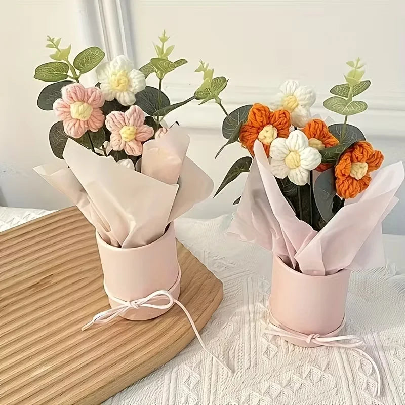 Handmade Bouquet with Pink Vase Including 5 Crocheted Flowers, Fabric Wrapping Paper and Ribbon - Mother's Day, Valentine's Day