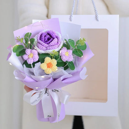 New Cotton Crochet Flower Bouquet Woven With Lamp Knitted Flower Artificial Handmade Artificial Flowers Graduation Gifts