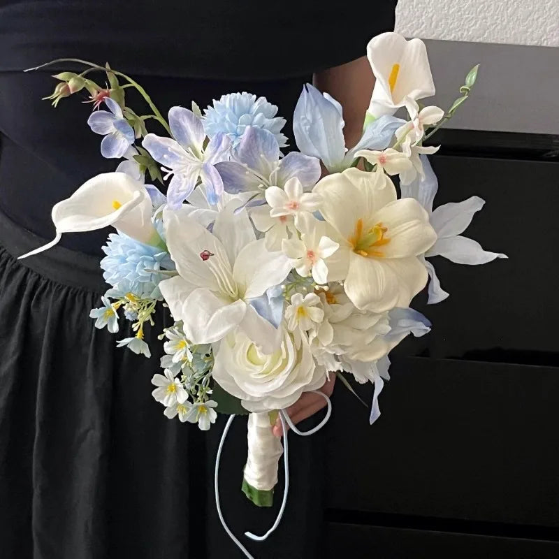 Korean Style Artificial Bridal Hand Bouquet, Tulip Mixed Flower with Ribbon for Wedding Photoshoot, Registry & Party Decor Props