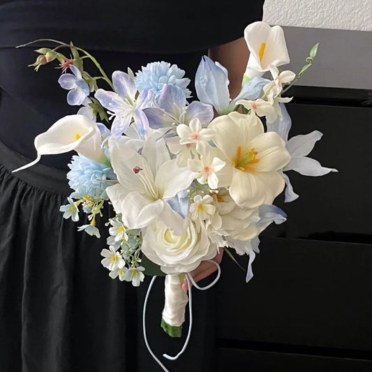 Korean Style Artificial Bridal Hand Bouquet, Tulip Mixed Flower with Ribbon for Wedding Photoshoot, Registry & Party Decor Props