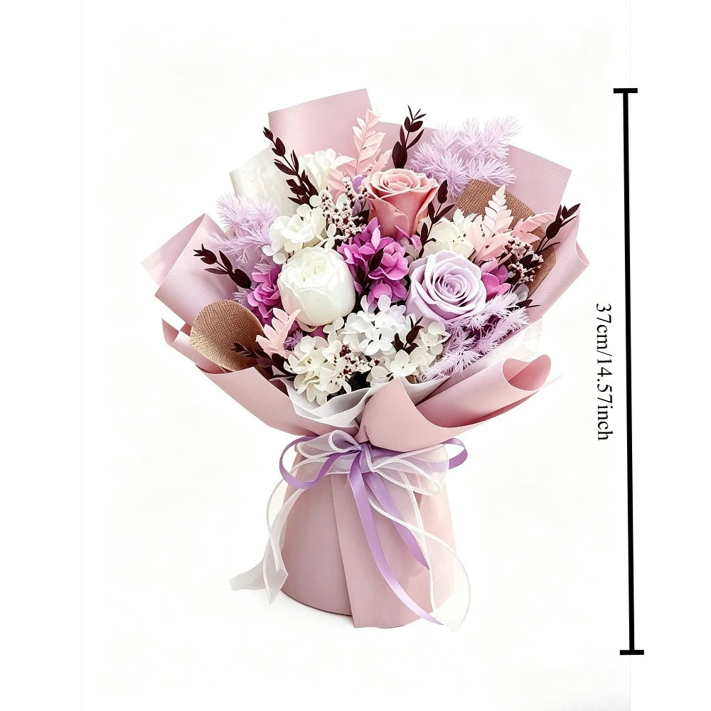 Pink‑Purple Mixed Preserved Flower Bouquet, Preserved Rose, Dried Hydrangea & Crystal Grass, Decorative Bouquet Ornament, Romantic Gift for Birthday, Anniversary, Mother's Day, Home Decoration