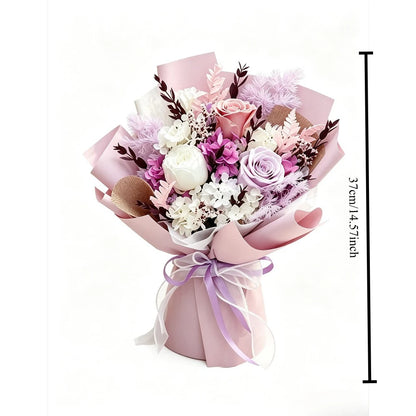 Pink‑Purple Mixed Preserved Flower Bouquet, Preserved Rose, Dried Hydrangea & Crystal Grass, Decorative Bouquet Ornament, Romantic Gift for Birthday, Anniversary, Mother's Day, Home Decoration