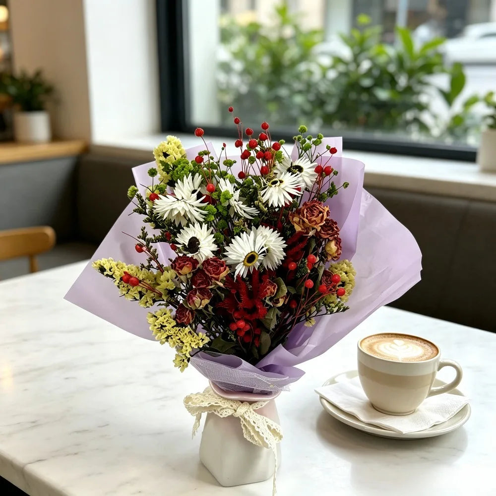 Mixed Natural Dried Flower Bouquet, Dried Rose African Daisy Yellow Statice Lover Grass Acacia Beans Gypsophila, Purple Wrapped Floral, Home Wedding Party Table Decor, Holiday Gift for Women