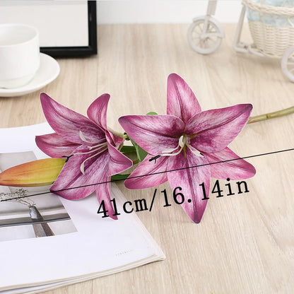Artificial Silk Flowers Fake Lily Bouquet 41cm Long DIY Creative Two Flowers One Bud Branch Home Decoration Arrangement Flower
