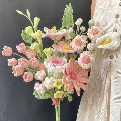 Crochet Flowers Bouquet Handmade Luxury Artifical Flowers Peony Tulip Rose Fake Flowers Wedding Home Decoration Gifts for Lover