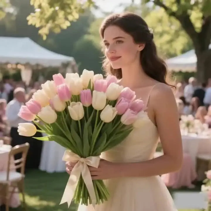 12pcs Real Touch Artificial Tulip Flowers Bouquet - Realistic Multi-Bloom Tulips with Foliage, Wedding/Mother's Day Decor