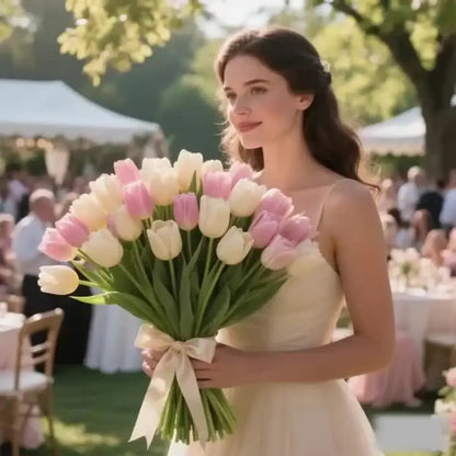 12pcs Real Touch Artificial Tulip Flowers Bouquet - Realistic Multi-Bloom Tulips with Foliage, Wedding/Mother's Day Decor