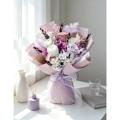 Pink‑Purple Mixed Preserved Flower Bouquet, Preserved Rose, Dried Hydrangea & Crystal Grass, Decorative Bouquet Ornament, Romantic Gift for Birthday, Anniversary, Mother's Day, Home Decoration