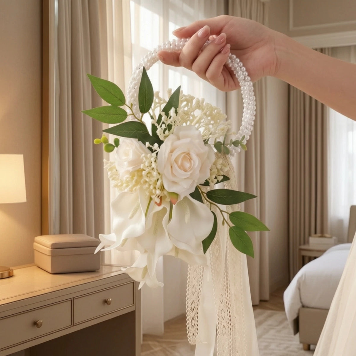 Wedding Bouquet with Pearl Handle Decorative Bridal Bouquet with Pearl Handle Handheld Flower Arrangement Elegant Flowers Formal