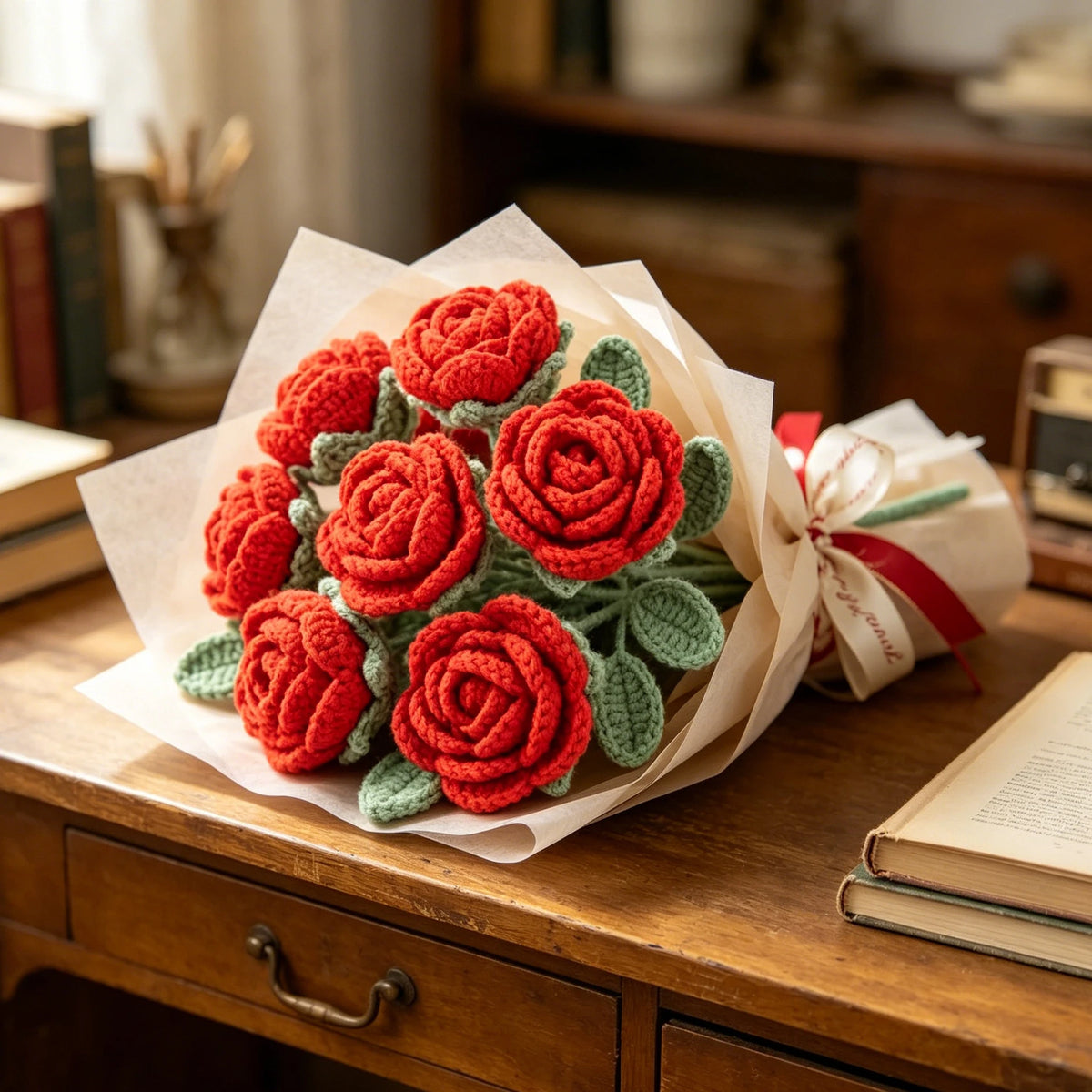 Artificial Flowers Handmade Crochet Yarn Rose  Mother's Day Wedding Bridal Bouquets Home Festival Graduation Gifts Diy Gift Box