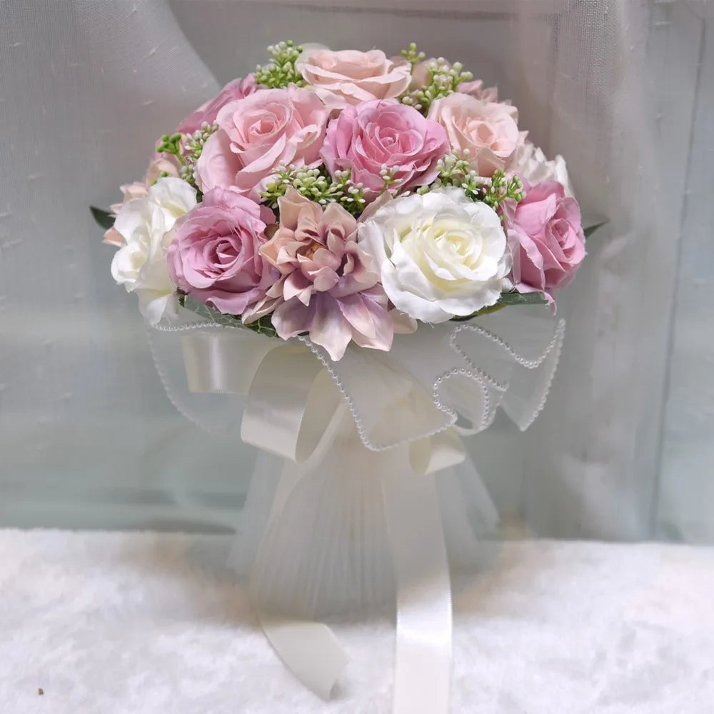 Baby's Breath Romantic Wedding Bouquets Artificial Silk Flowers Exquisite Bridal Bouquet Ribbon Pearl Lace White Rose Bouquet