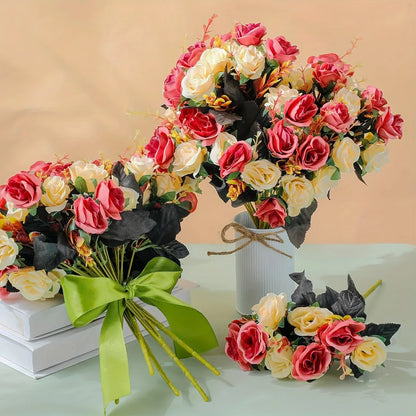 12 Heads Rose Artificial Flowers Fake Two Color Flowers with Stems Faux Roses Flower Bouquets Home Wedding Christmas Party Decor