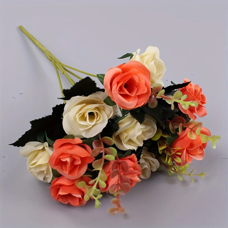 12 Heads Rose Artificial Flowers Fake Two Color Flowers with Stems Faux Roses Flower Bouquets Home Wedding Christmas Party Decor