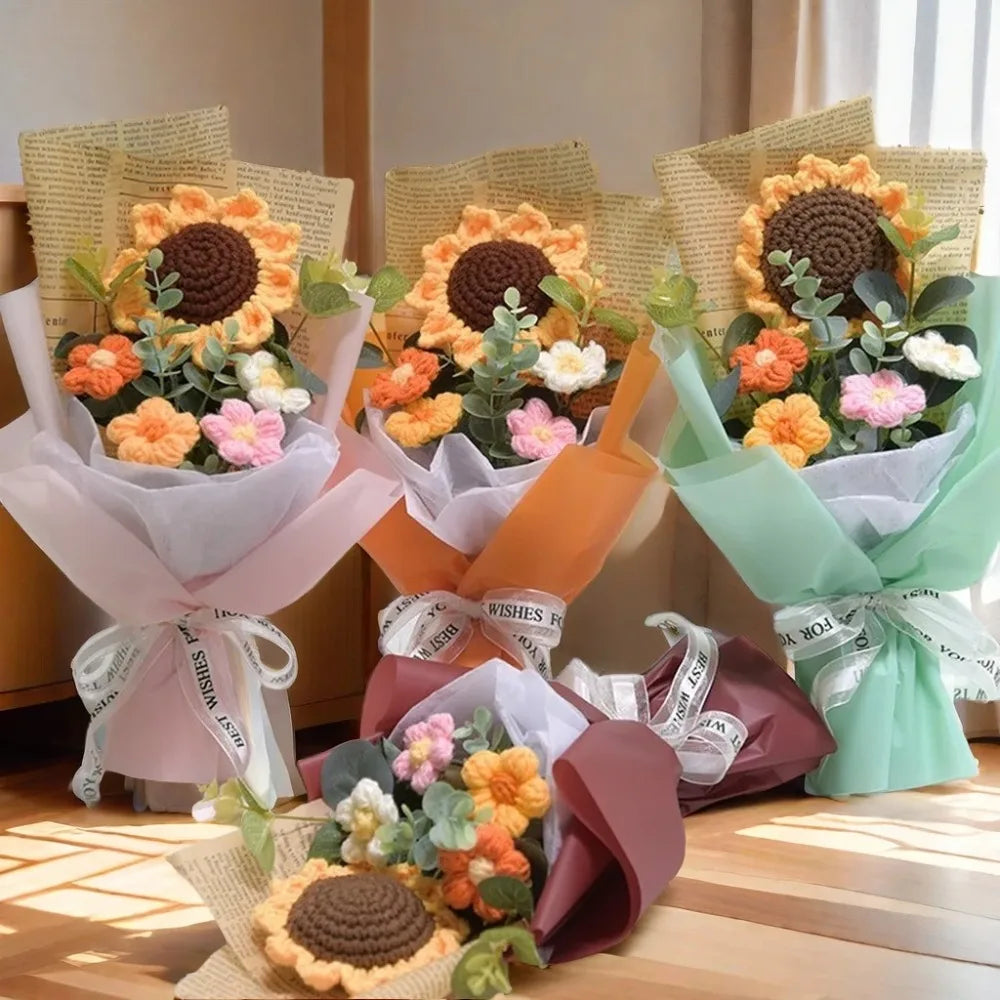 Artificial Flower Crochet Bouquet Handmade Anniversary Sunflower Daisy Bouquet Eternal Flower Mothers Day Birthday Gift