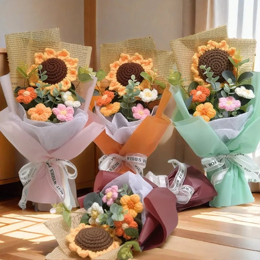 Artificial Flower Crochet Bouquet Handmade Anniversary Sunflower Daisy Bouquet Eternal Flower Mothers Day Birthday Gift