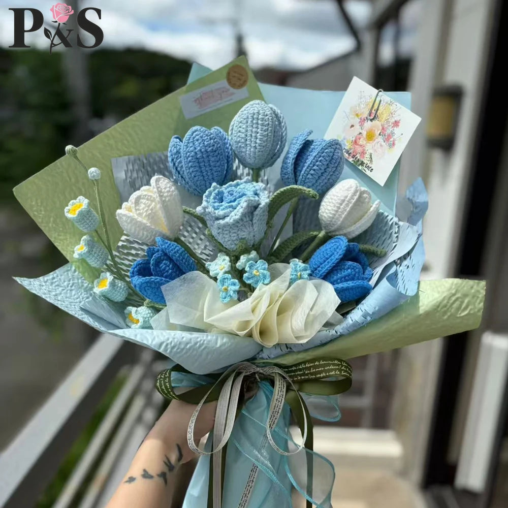 Tulips Crochet Flower Bouquet Handmade Luxury Purple Knitted Finished Artifical Flowers Wedding Home Decoration Gifts for Mother