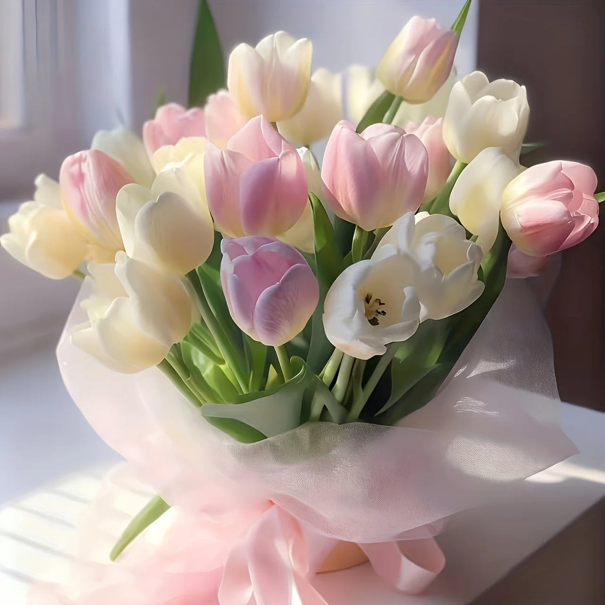 A Set of 12 Realistic Cream and Pink Artificial Tulips Elegant Floral Arrangement with Stems for Home Office Wedding