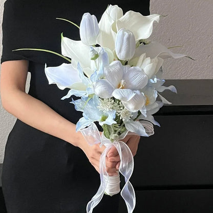 Korean Style Artificial Bridal Hand Bouquet, Tulip Mixed Flower with Ribbon for Wedding Photoshoot, Registry & Party Decor Props