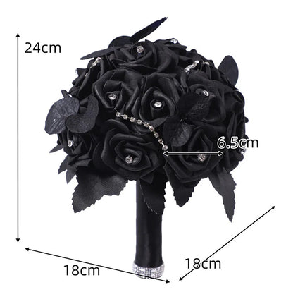 Yannew Black Burgundy Gothic Bridal Bouquets for Bride Bridesmaids Artifiicial Silk Foam Roses Flower Wedding Bouquet Halloween