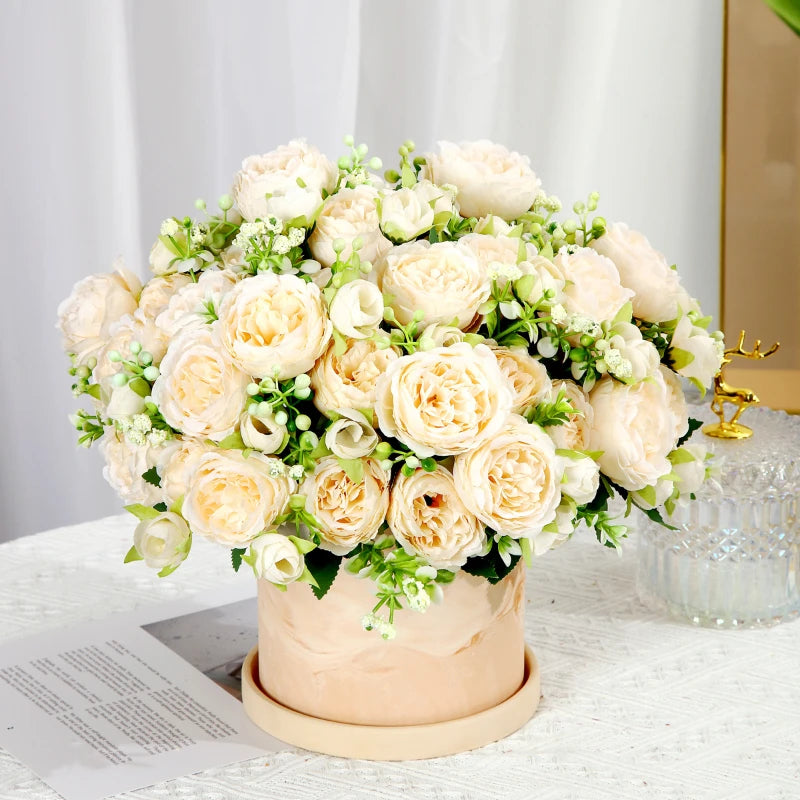 Artificial Roses Bundles of Silk Flowers Handmade Plastic Artificial Flowers Home Flower Arrangement Peony Wedding Decoration