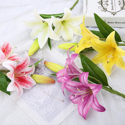 Artificial Silk Flowers Fake Lily Bouquet 41cm Long DIY Creative Two Flowers One Bud Branch Home Decoration Arrangement Flower