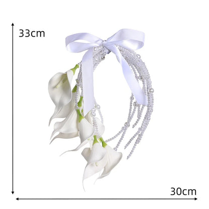 Minimalist White Calla Lily Bridal Bouquet Artificial Pearl Chain Tassel Hand Flower for Wedding Ceremony Home Decor Gift Giving