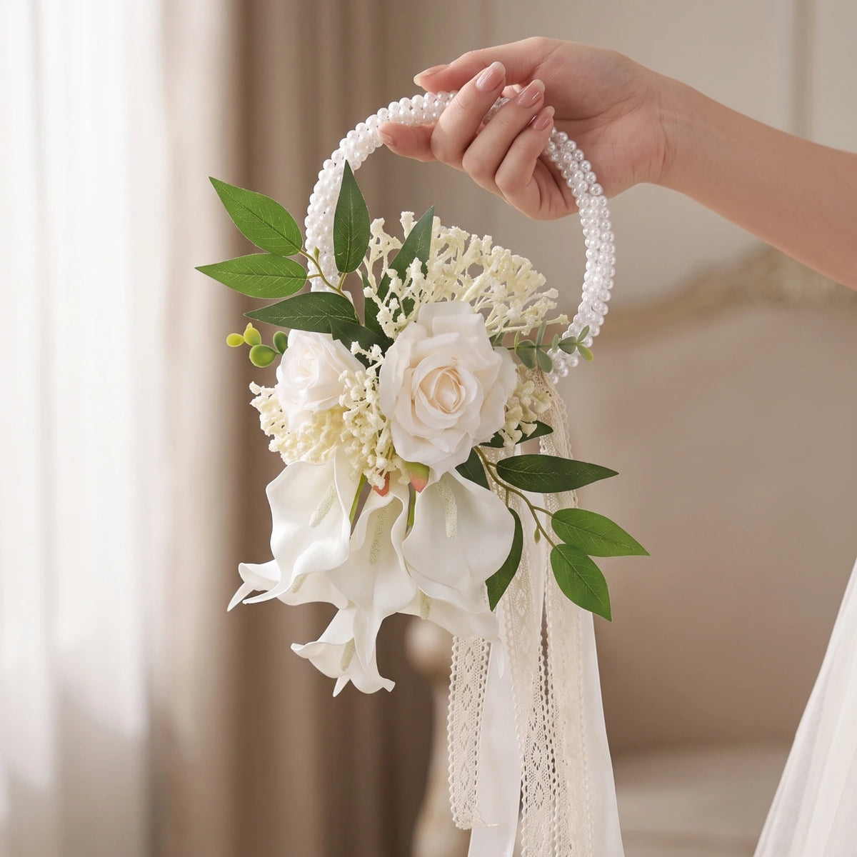 Wedding Bouquet with Pearl Handle Decorative Bridal Bouquet with Pearl Handle Handheld Flower Arrangement Elegant Flowers Formal