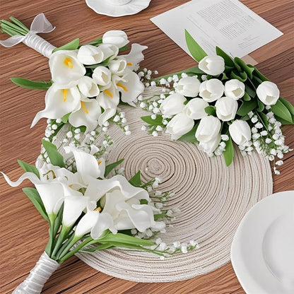 5Pcs White Silk Artificial Calla Lily Tulip Wedding Bride Bouquet for Home Room Decorations DIY Craft Wreath Gifts Accessories