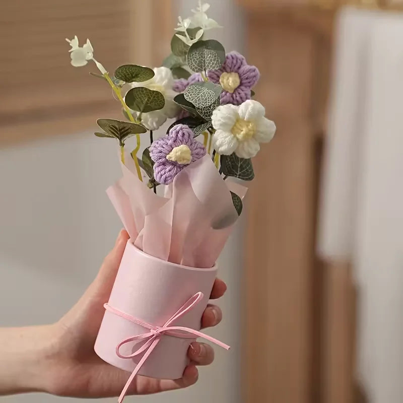 Handmade Bouquet with Pink Vase Including 5 Crocheted Flowers, Fabric Wrapping Paper and Ribbon - Mother's Day, Valentine's Day