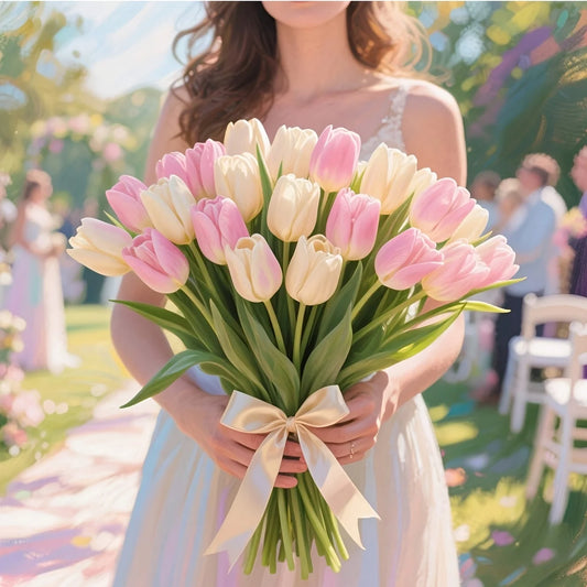 12pcs Real Touch Artificial Tulip Flowers Bouquet - Realistic Multi-Bloom Tulips with Foliage, Wedding/Mother's Day Decor