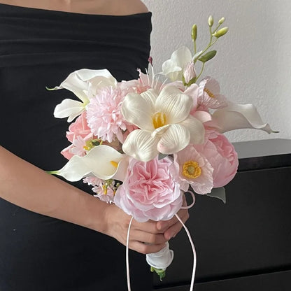 Korean Style Artificial Bridal Hand Bouquet, Tulip Mixed Flower with Ribbon for Wedding Photoshoot, Registry & Party Decor Props