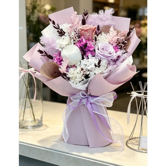 Pink‑Purple Mixed Preserved Flower Bouquet, Preserved Rose, Dried Hydrangea & Crystal Grass, Decorative Bouquet Ornament, Romantic Gift for Birthday, Anniversary, Mother's Day, Home Decoration