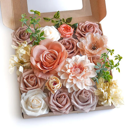Yannew Terracotta Artificial Flowers Combo Box for DIY Wedding Bridal Bouquets Champagne Flower with Stem Arrangement Cake Decor