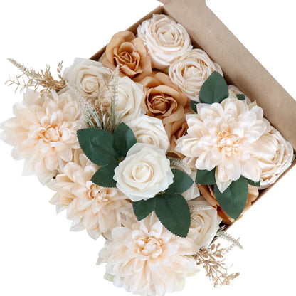 Yannew Terracotta Artificial Flowers Combo Box for DIY Wedding Bridal Bouquets Champagne Flower with Stem Arrangement Cake Decor
