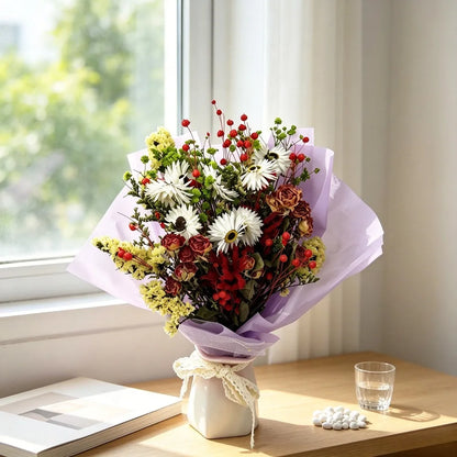 Mixed Natural Dried Flower Bouquet, Dried Rose African Daisy Yellow Statice Lover Grass Acacia Beans Gypsophila, Purple Wrapped Floral, Home Wedding Party Table Decor, Holiday Gift for Women