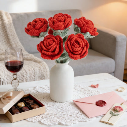 Artificial Flower Handmade Crochet Yarn Rose Outdoor Garden Valentine's Wedding Bridal Bouquet Home Room DIY Gift Box Accessory