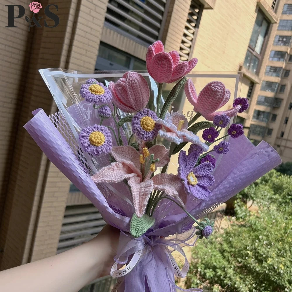 Crochet Flower Bouquet Handmade Knitted Lily Tulip Hyacinth Purple Artifical Flower Home Decoration Gifts for Birthday Wedding