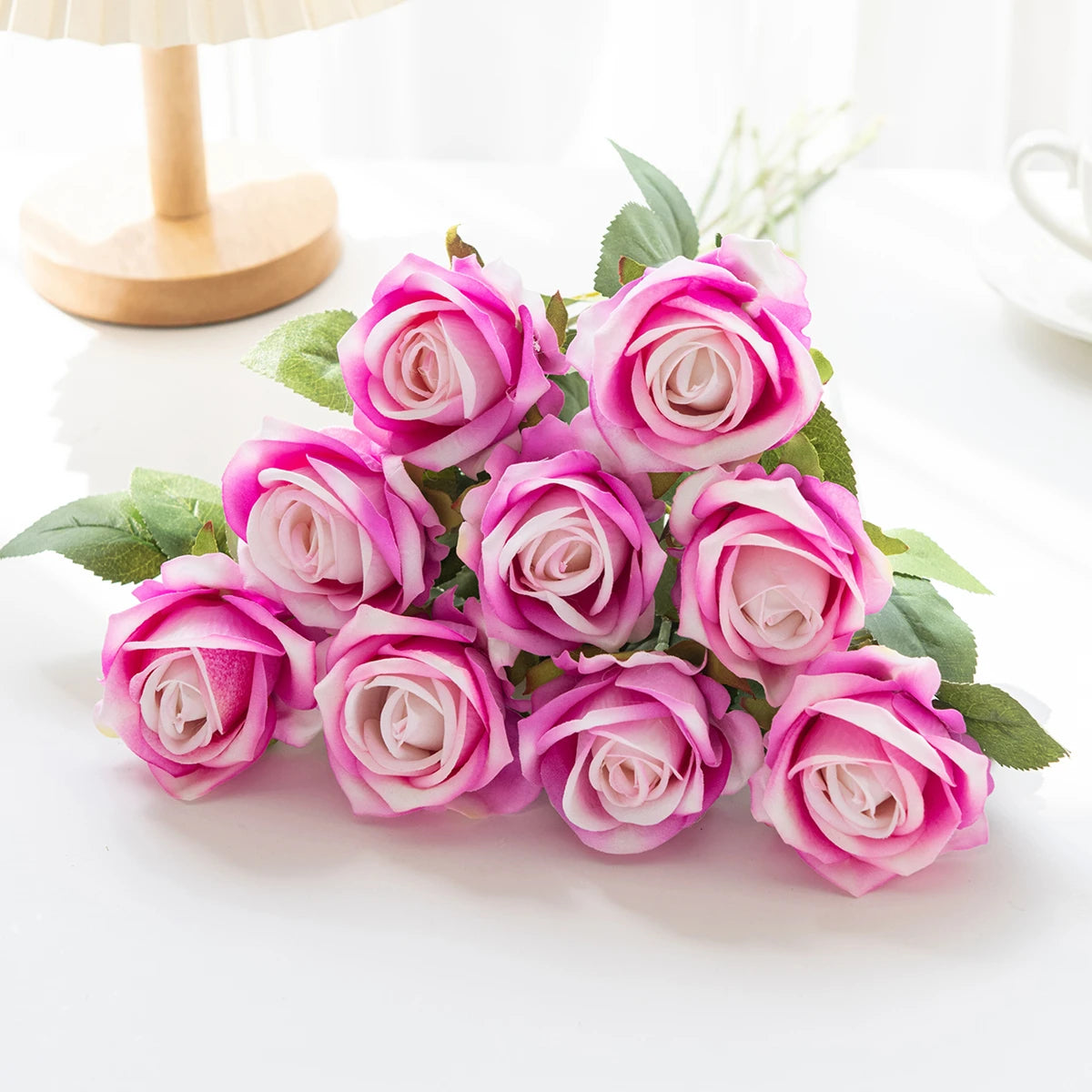 10pcs Artificial Flowers Silk Roses Long Branch Valentine's Day Bridal Bouquets Wedding Home Vase Table Decorations DIY Gift Box