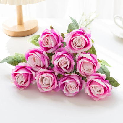 10pcs Artificial Flowers Silk Roses Long Branch Valentine's Day Bridal Bouquets Wedding Home Vase Table Decorations DIY Gift Box